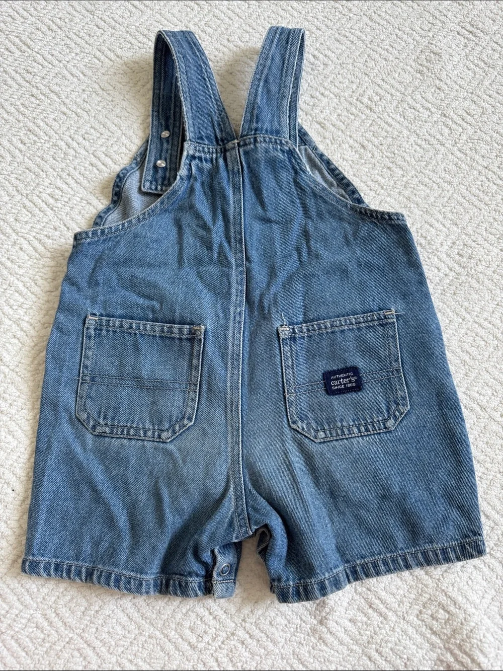 Vintage Carter's Denim Short Overalls with Yellow Car Patch